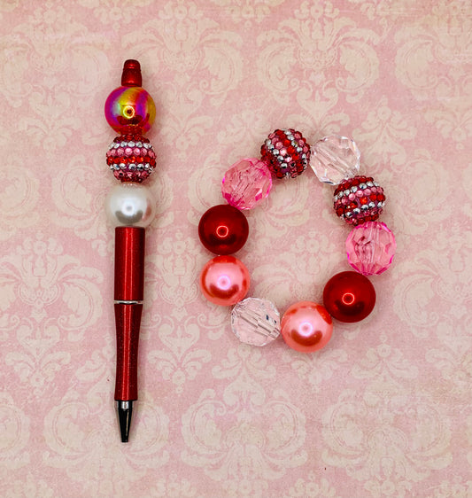Pink & Red Sparkle Pen and Bracelet Set