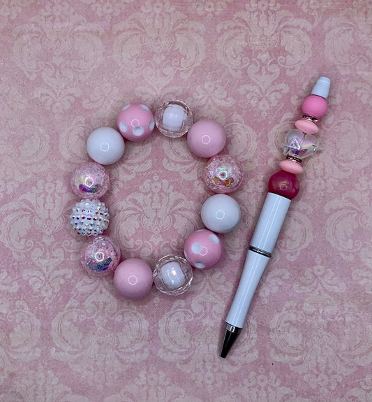 Light Pink & White Sparkle Pen and Bracelet Set