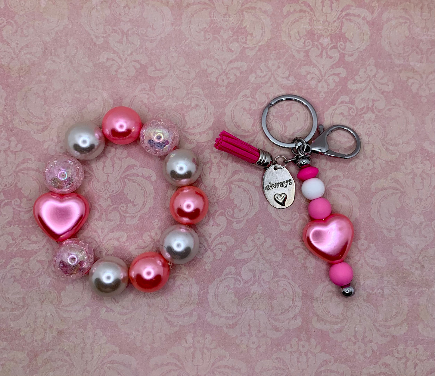 Metallic Pink & White Sparkle Keychain and Bracelet Set