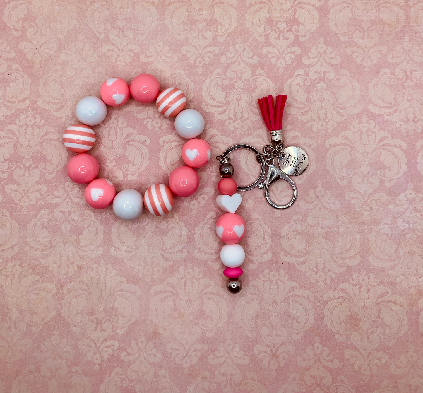 Bright Pink & White Hearts Bracelet and Keychain Set