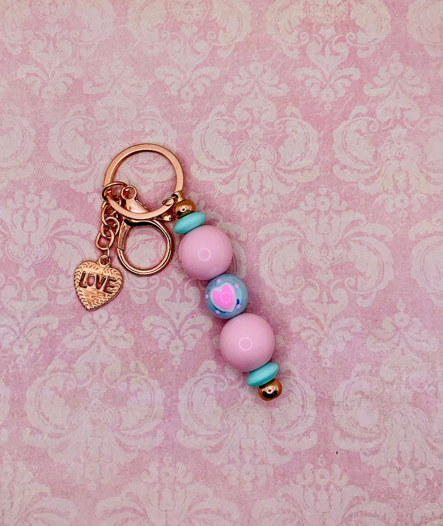 Rose Gold Tone Metal Keychain with Hearts