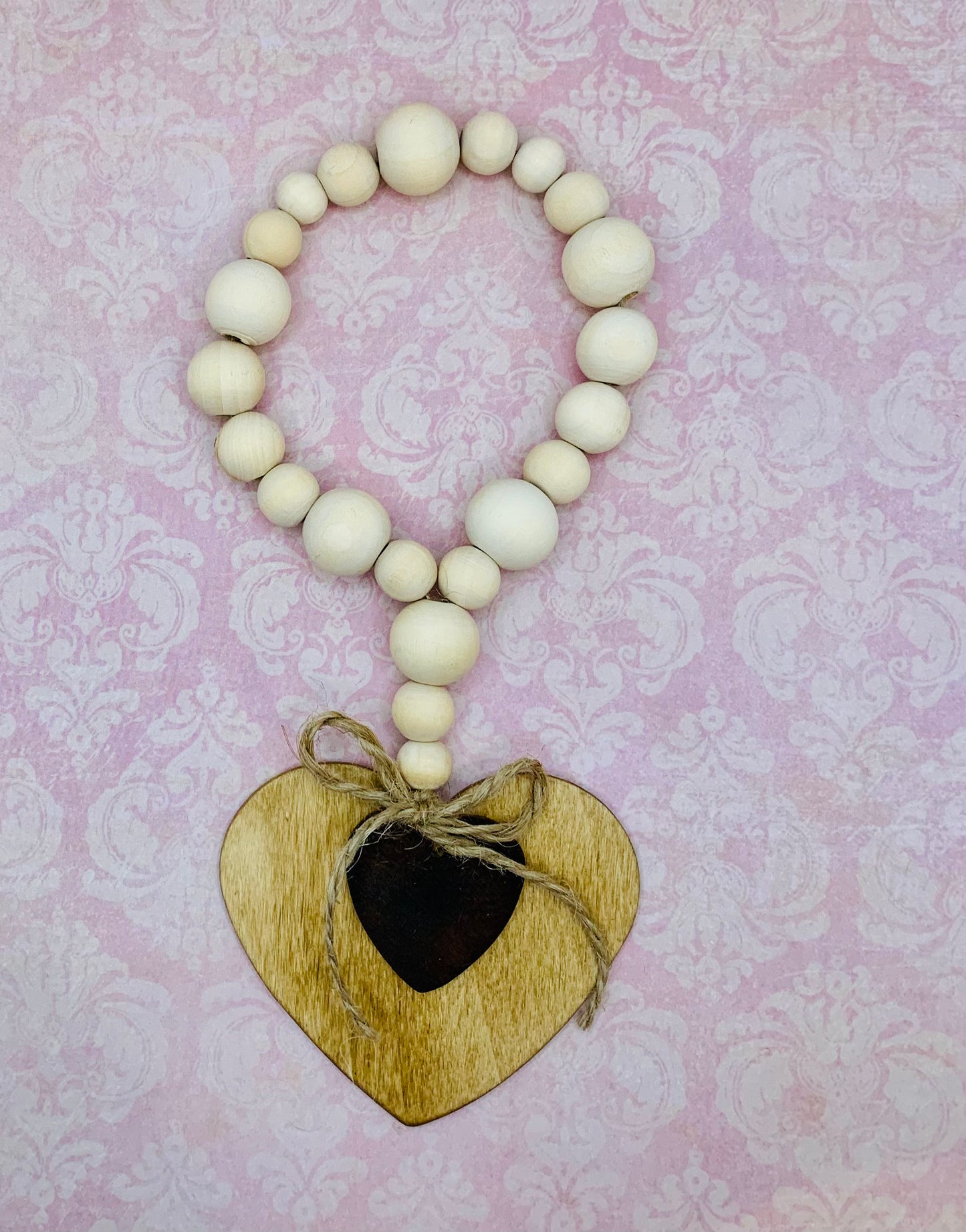 Neutral Wood Bead Double Heart Loop Garland