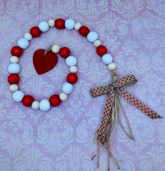 Red, White & Natural Wooden Bead Garland w/ Red Heart