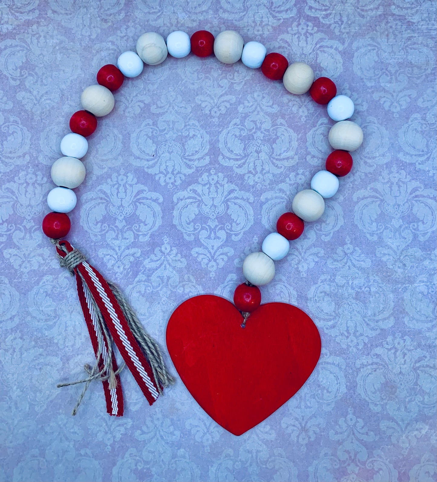 Red, White & Natural Wooden Bead Garland w/ Tassel & Large Red Heart