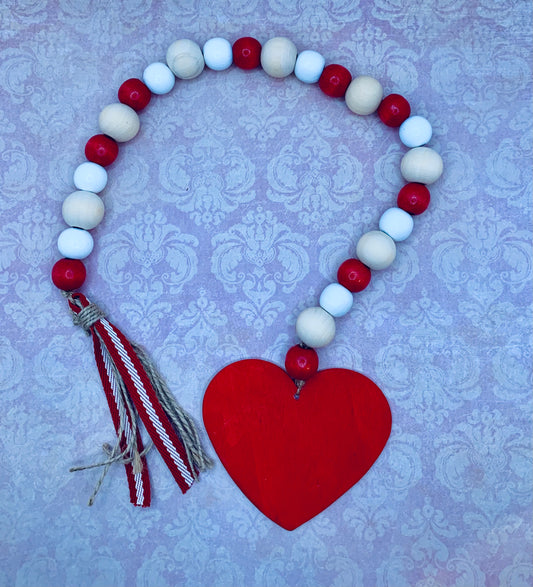 Red, White & Natural Wooden Bead Garland w/ Tassel & Large Red Heart