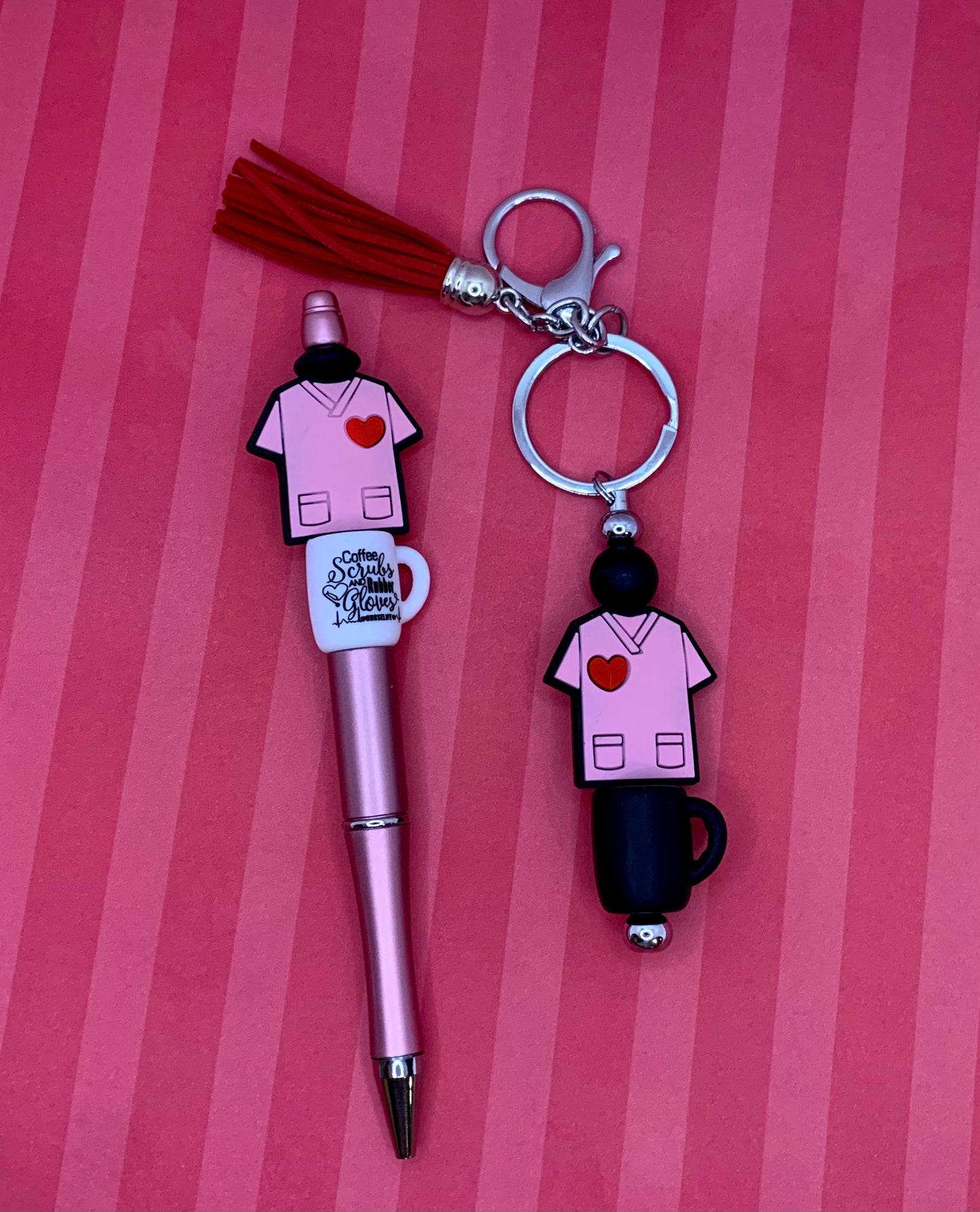 Pink Scrubs & Coffee Twist Pen/ Keychain Gift Set