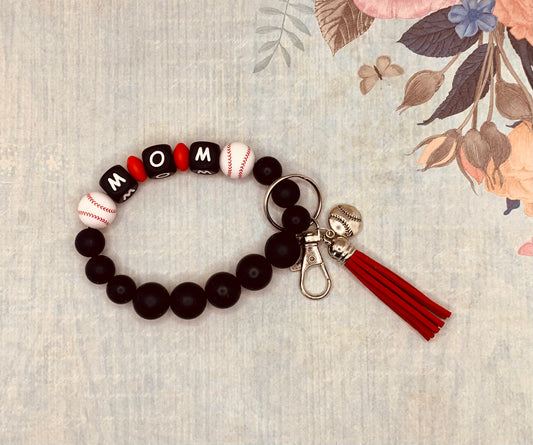 Sport Themed “MOM” Silicone Bead Wristlet Keychain