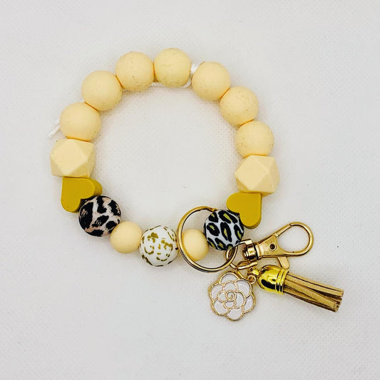Yellow Leopard Silicone Bead Wristlet Keychain