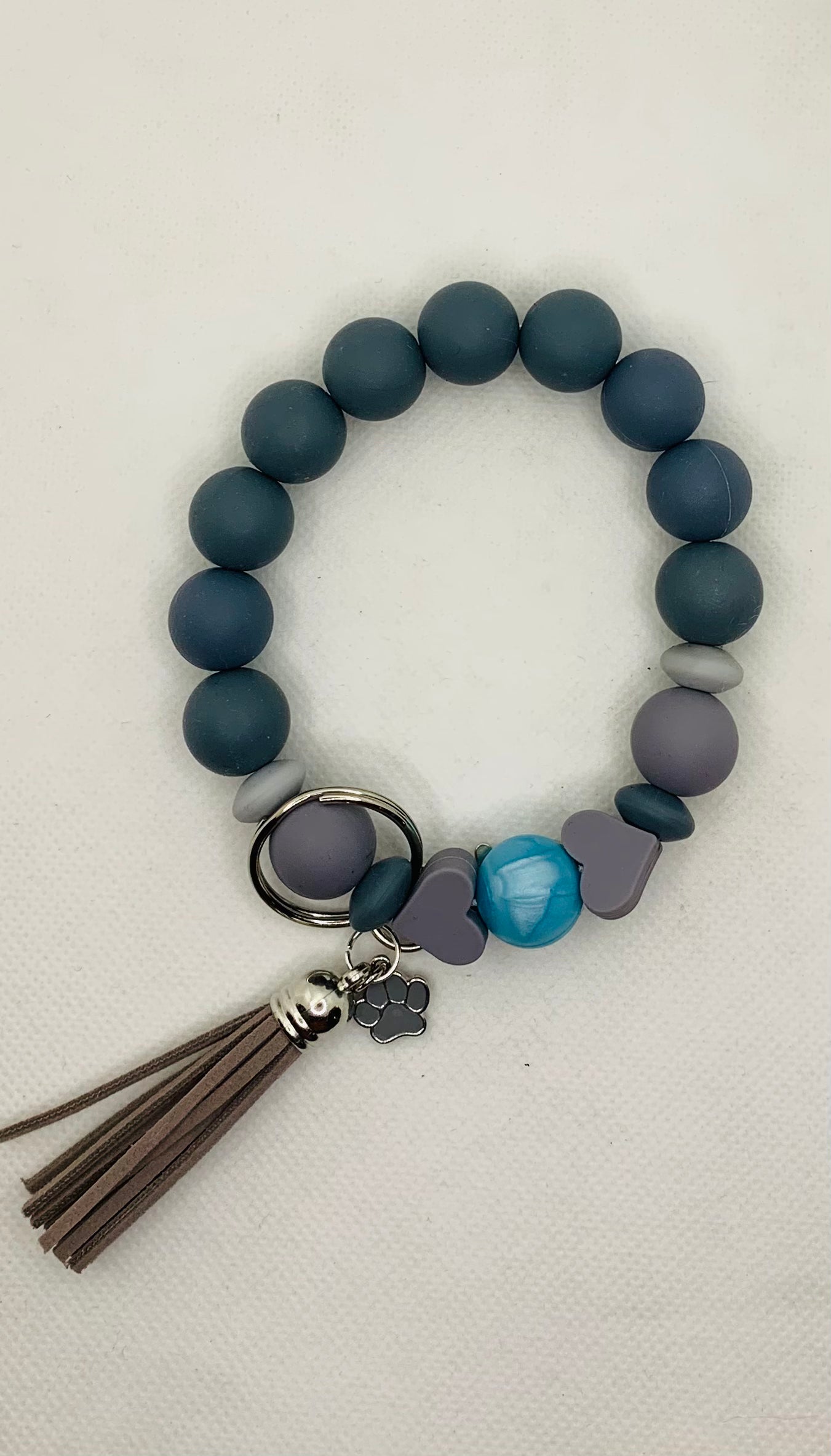 Blue and Grey Silicone Bead Wristlet Keychain w/ Pawprint Charm