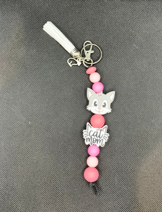Pink and Grey Cat Mom Silicone Bead Keychain