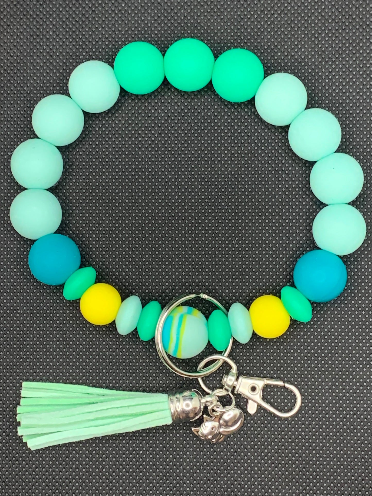 Teal and Green Silicone Bead Wristlet Keychain