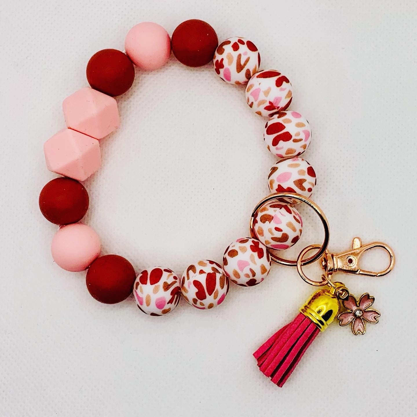 Pink & Red Silicone Bead Wristlet Keychain