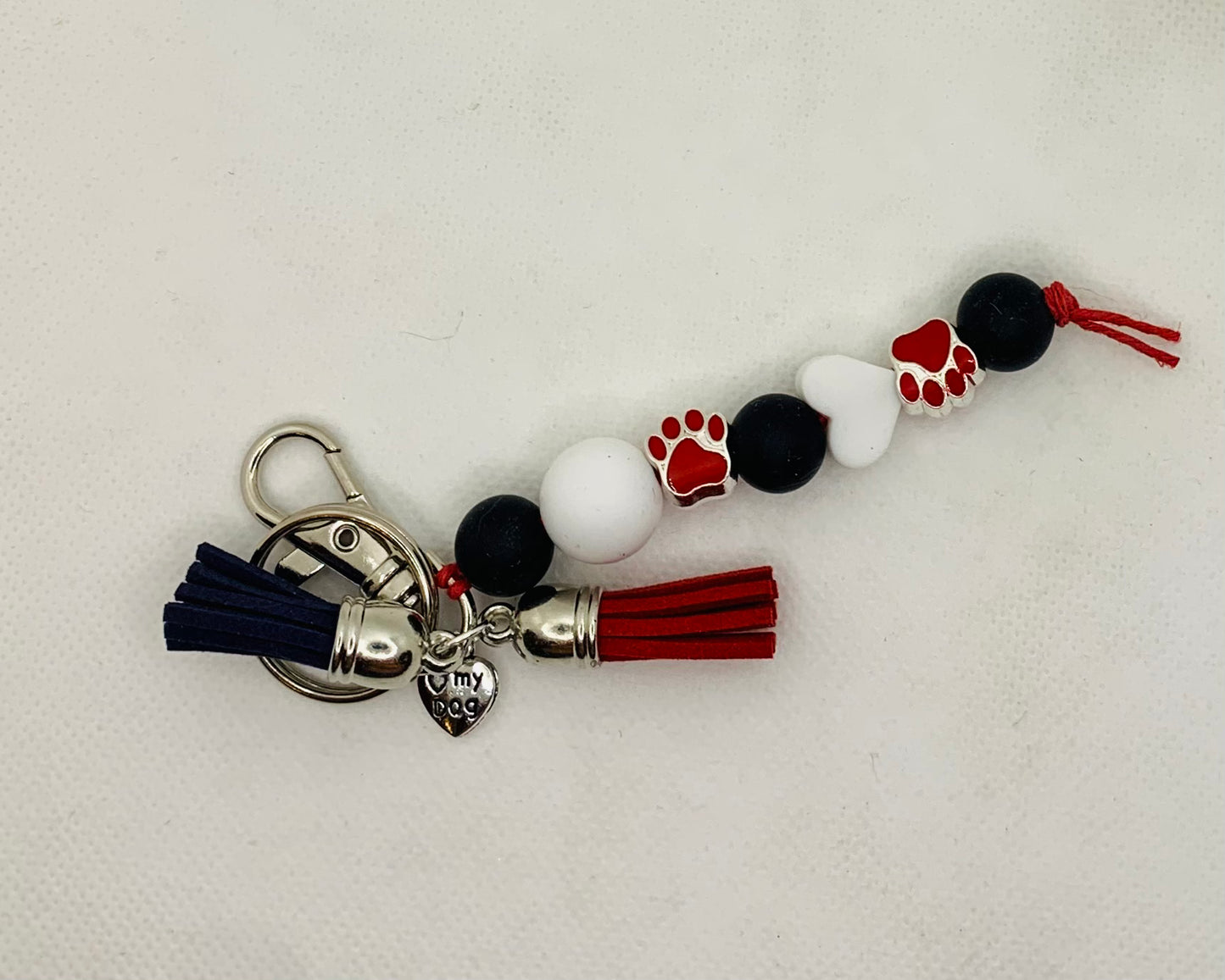 Red Paw Prints with Black and White Silicone Bead Keychain w/ Red Pawprint Beads