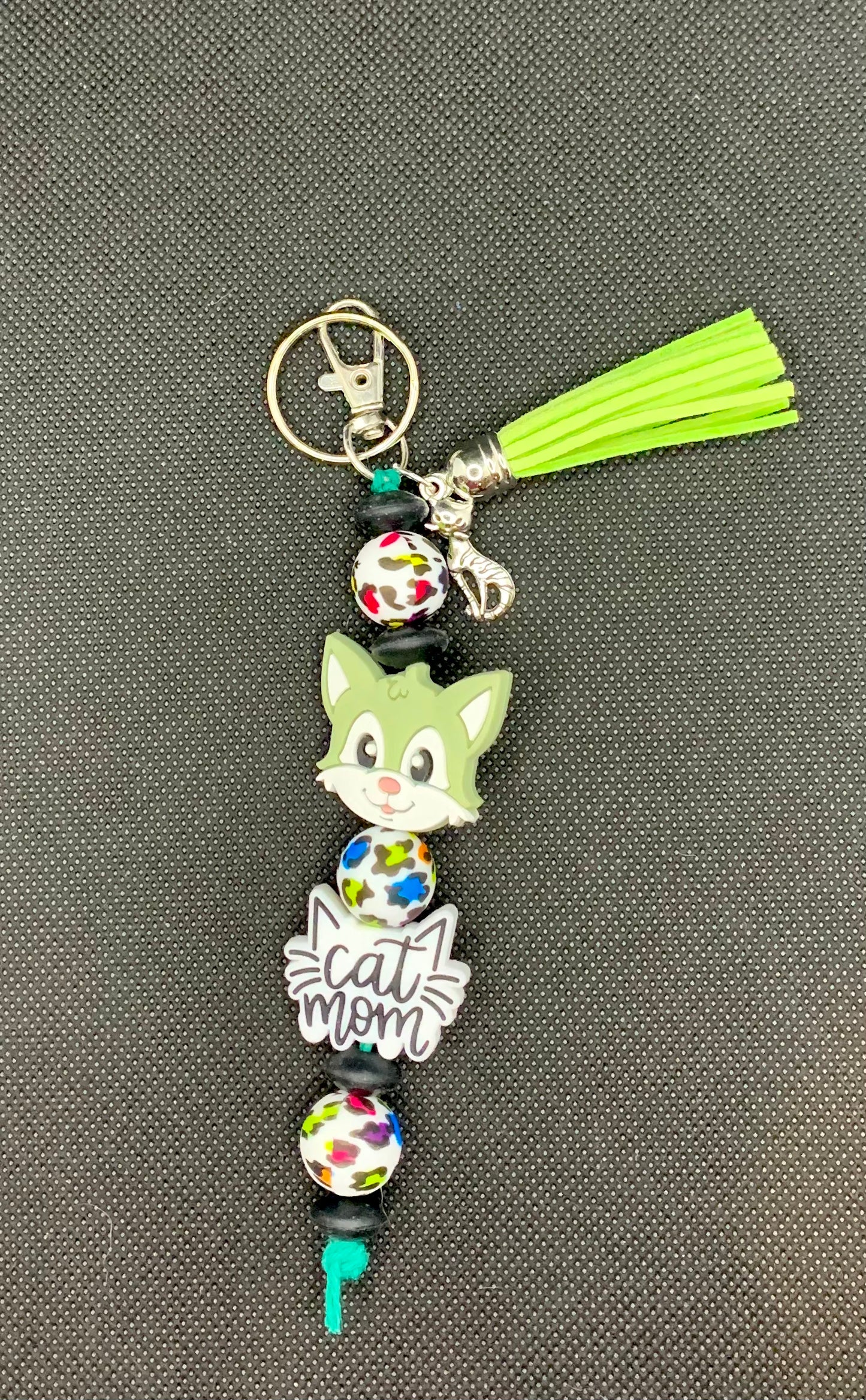Green Cat Mom Silicone Bead Keychain