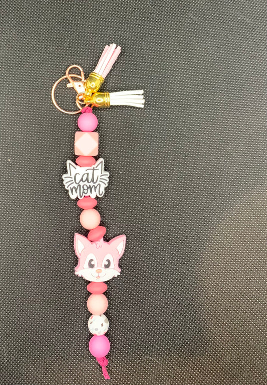 Pink Cat Mom Silicone Bead Keychain