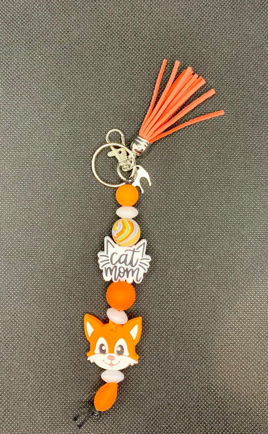 Orange Cat Mom Silicone Bead Keychain