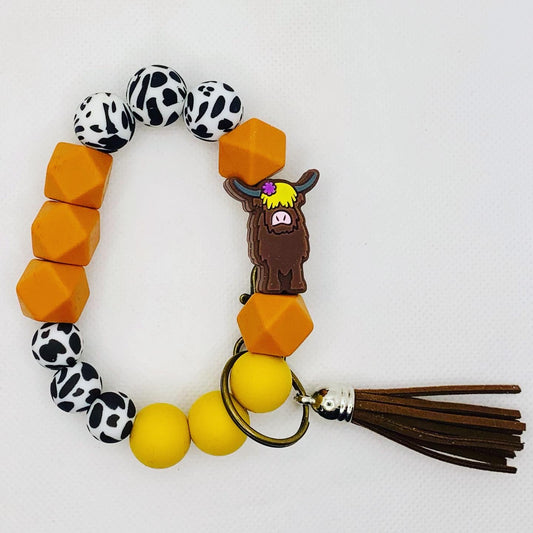 Orange & Yellow Cow Silicone Bead Wristlet Keychain