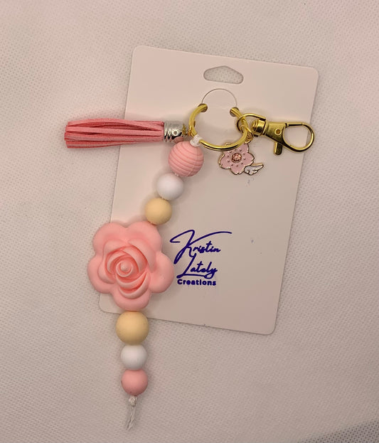 Pink and Yellow Silicone Bead Keychain with Flower