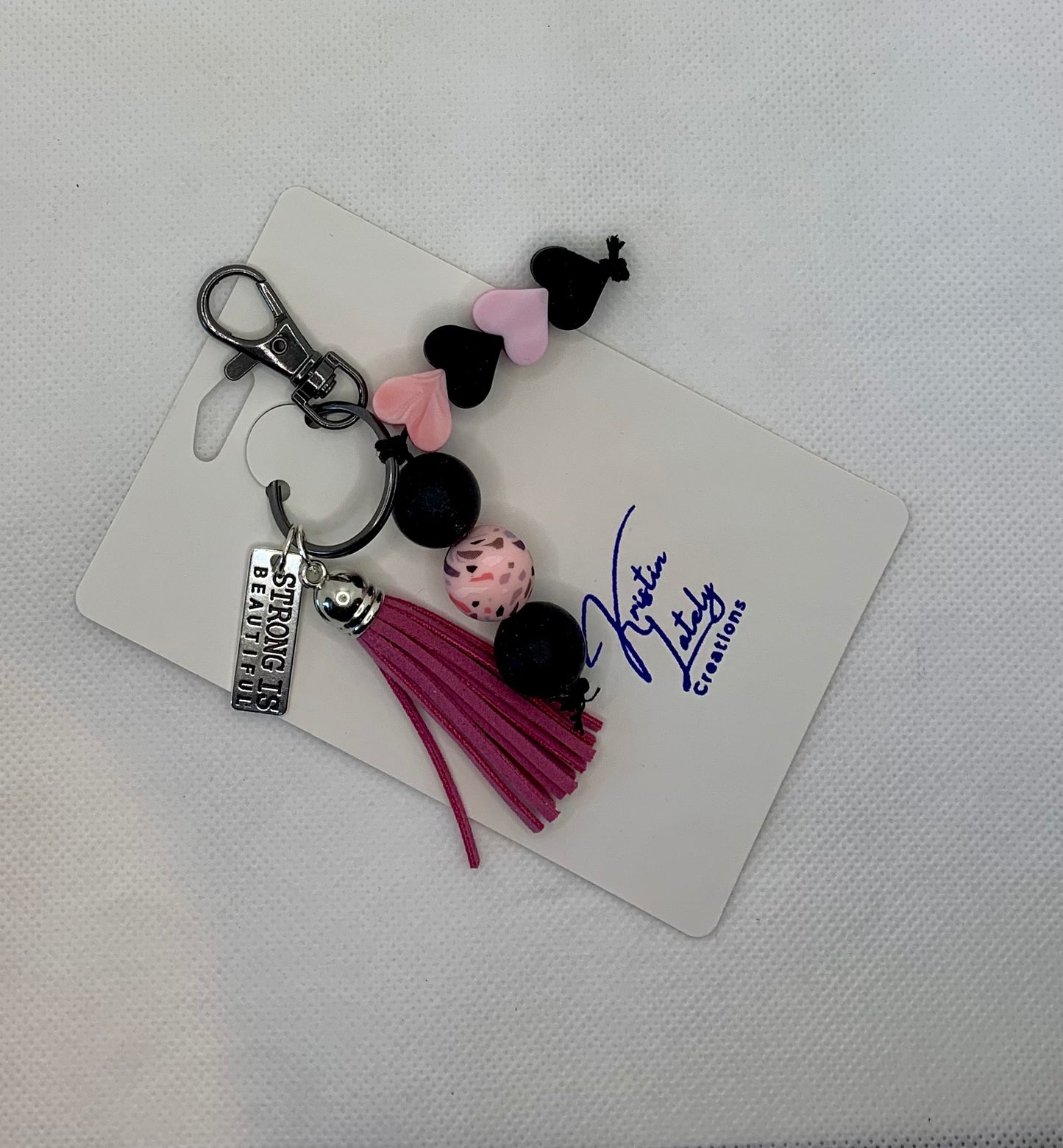 Pink and Black “Strong Is Beautiful” Silicone Bead Keychain